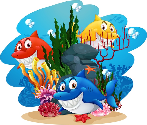 Free Vector many sharks cartoon character in the underwater background