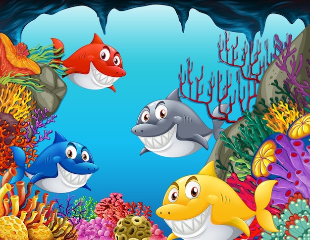 Many sharks cartoon character in the underwater illustration