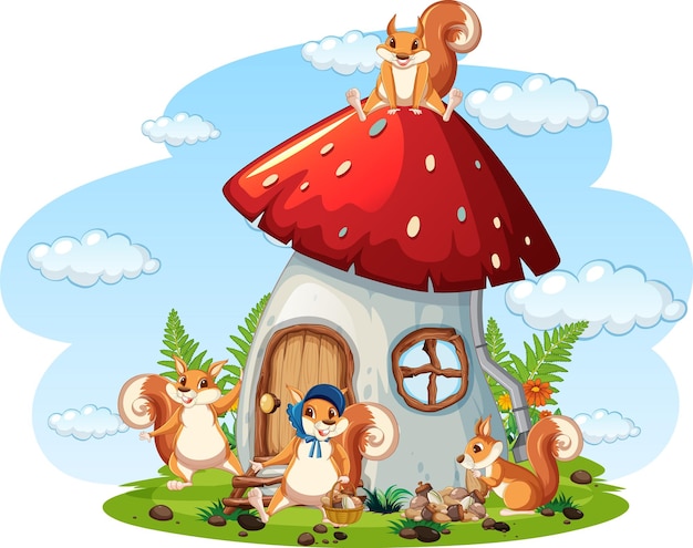 Many squirrels on mushroom house