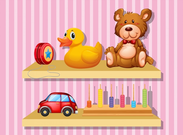 Many toys on wooden shelf