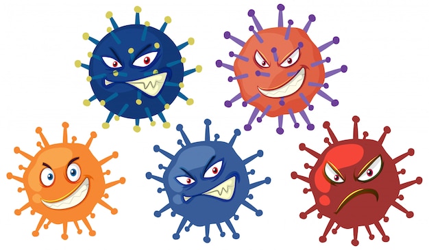 Free vector many virus cells with scary face on white background