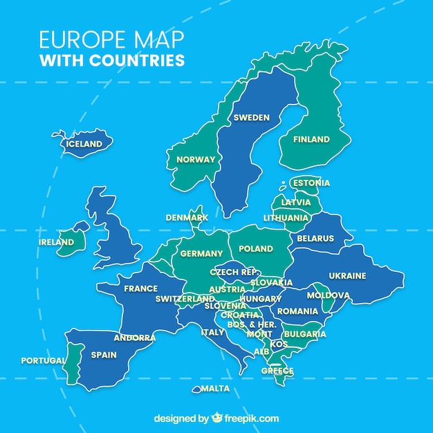 Free vector map of europe with countries of colors