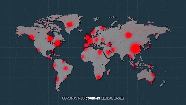 Free Vector map of worldwide coronavirus pandemia spread. warning of virus global outbreak. virus structure on a planet earth background with stars. international infectione.  illustration.