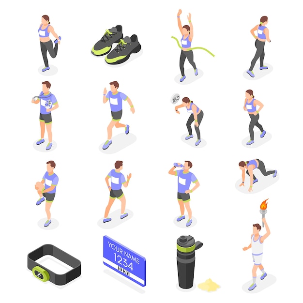 Free Vector marathon runners isometric icons set of running athletes and sports equipment isolated vector illustration