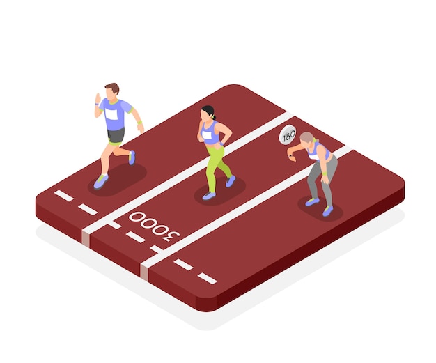 Free Vector marathon runners isometric object with two running athletes and girl stopped for measuring pulse vector illustration