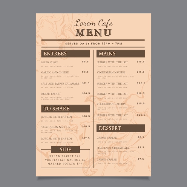 Marble restaurant menu template