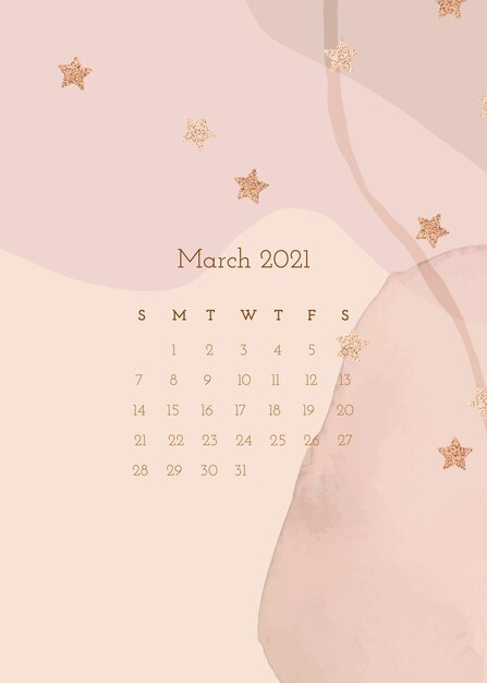 March 2021 calendar template with watercolor paper texture