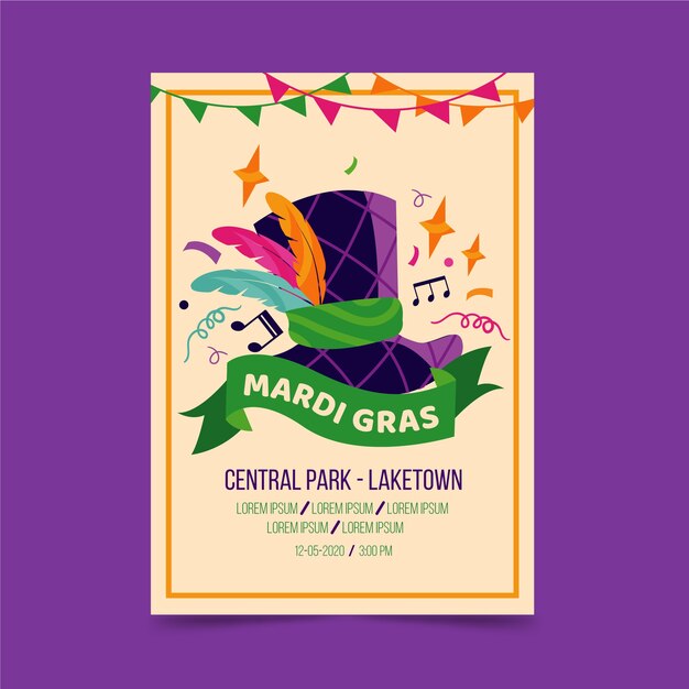 Mardi gras event with colourful feathers and musical notes poster