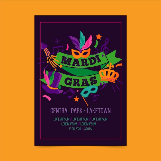 Mardi gras event with masks and ribbons flyer template