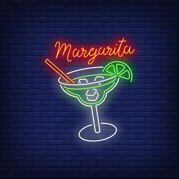 Margarita neon text, drink glass, straw, ice cubes and lime