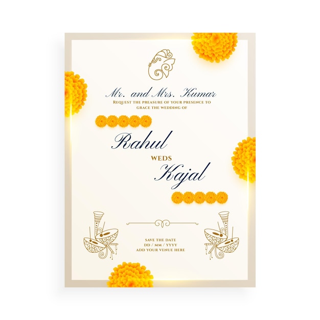 Free Vector marigold flower indian wedding card design