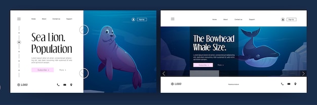 Marine animals banner. Sea lion population and bowhead whale size landing pages. Vector website of ocean mammals with cartoon illustration of seal and whale swim underwater