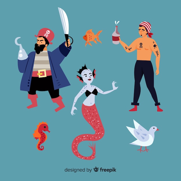 Free Vector marine life character collection flat design