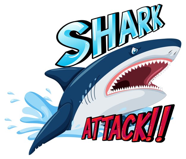 A Marine logo with big blue shark and Shark attack text