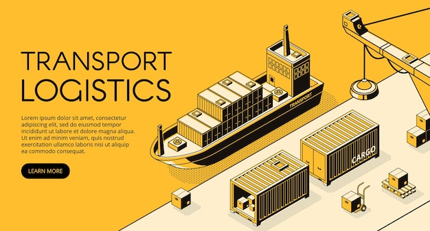 Maritime transport logistics illustration of thin line art in black isometric halftone.