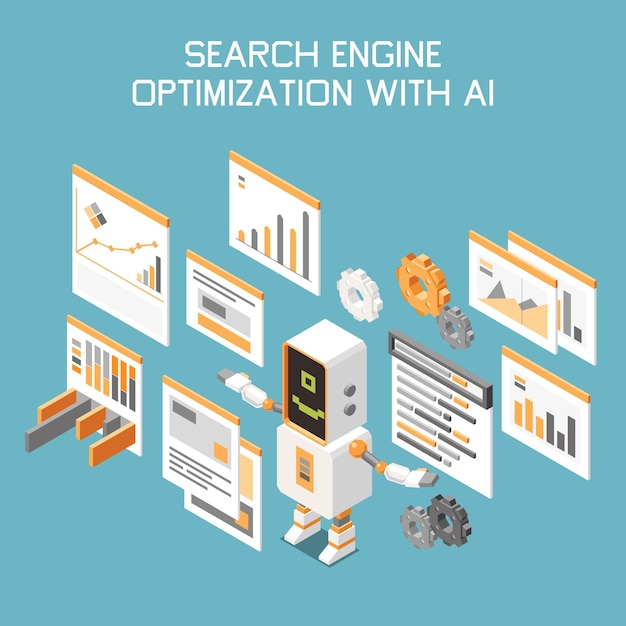 Free Vector marketing ai technologies isometric concept with search engine optimization with ai headline vector illustration