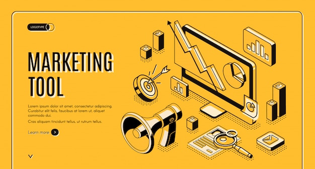 Free Vector marketing e-commerce, data analysis tool isometric web banner. 