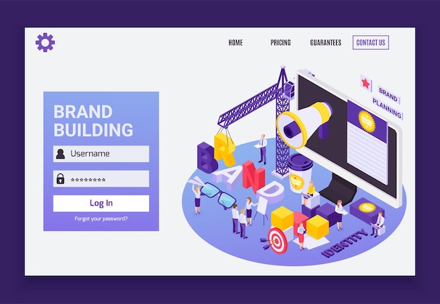 Free Vector marketing online brand building services concept isometric circular illustration with megaphone tower crane website template