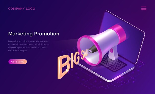 Marketing promotion concept, isometric megaphone