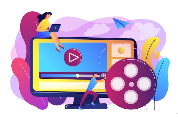 Marketing strategist with laptop working with video content. Video content marketing, video marketing strategy, digital marketing tool concept. Bright vibrant violet  isolated illustration