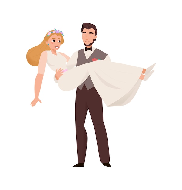 Free Vector marriage ceremony wedding day composition with groom holding bride in his arms vector illustration