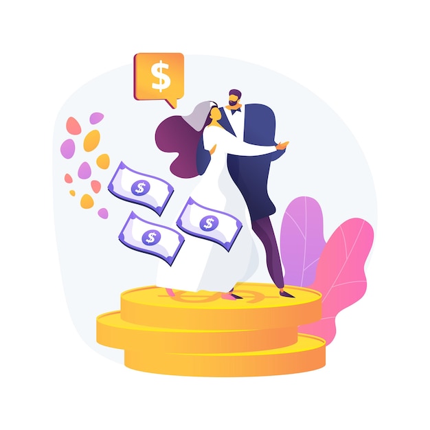 Marriage of convenience abstract concept vector illustration. Political marriage, financial motivation, old rich husband, wedding rings, dollar banknotes, take money from senior abstract metaphor.