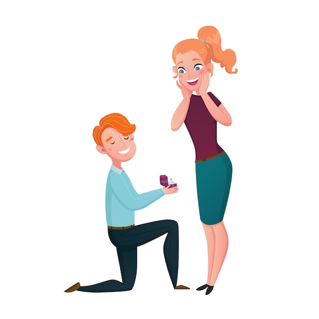 Marriage Proposal Man Kneeling Cartoon Scene  