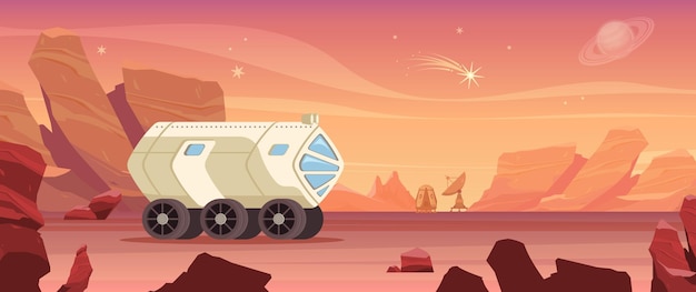 Free Vector mars colonization composition with landscape view of mars surface with sky planets and rover with wheels vector illustration