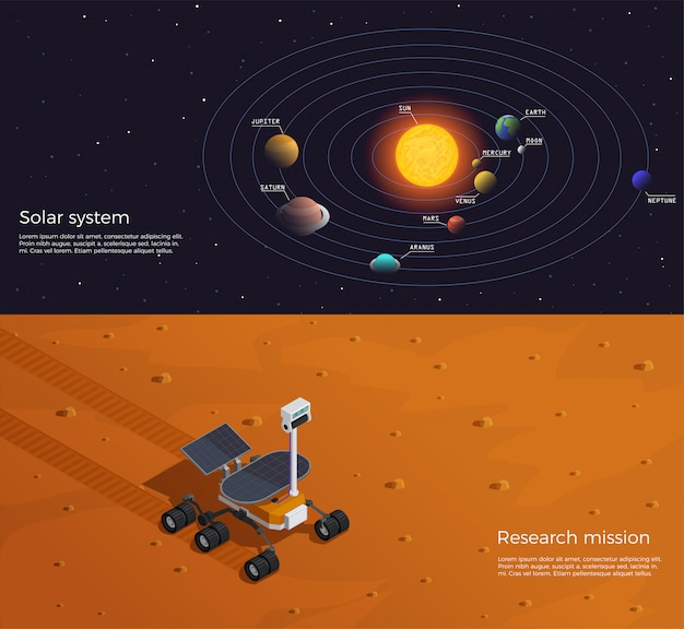 Free vector mars colonization horizontal banners illustrated solar system and research mission isometric compositions