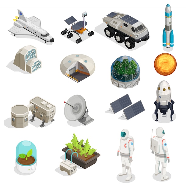 Free Vector mars colonization isometric set of astronauts in spacesuits rover explorer space rocket satellite solar panel elements