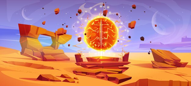 Free vector mars desert planet with portal landscape background in space martian ground surface and magic fireball gate extraterrestrial fantasy eye entrance to parallel universe world scene for 2d videogame