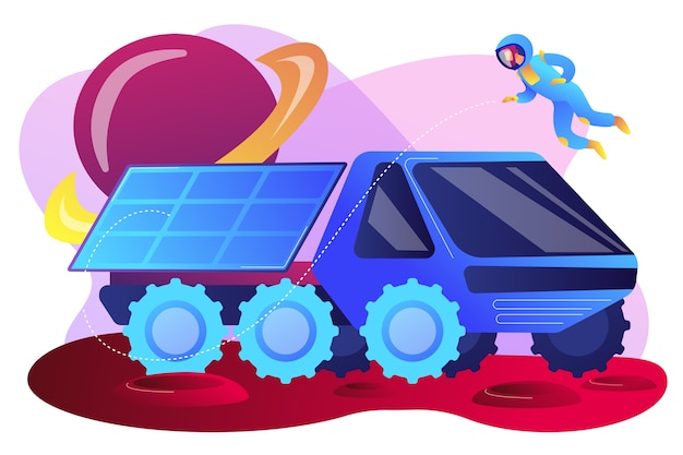 Free Vector mars rover examining territory and doing scientific research and astronaut. mars rover, new planet exploration, revolution technology concept. bright vibrant violet  isolated illustration