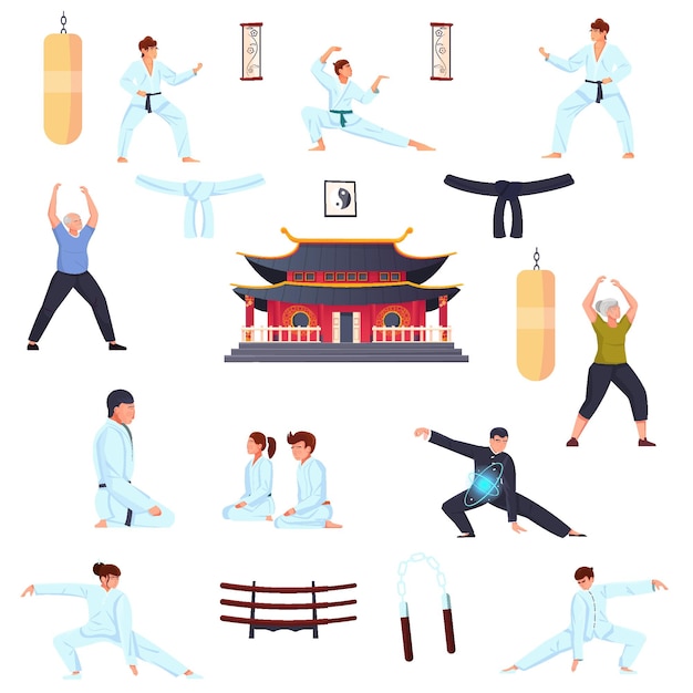 Free Vector martial arts color set of people executing physical exercises and oriental spiritual practices isolated on white background flat vector illustration