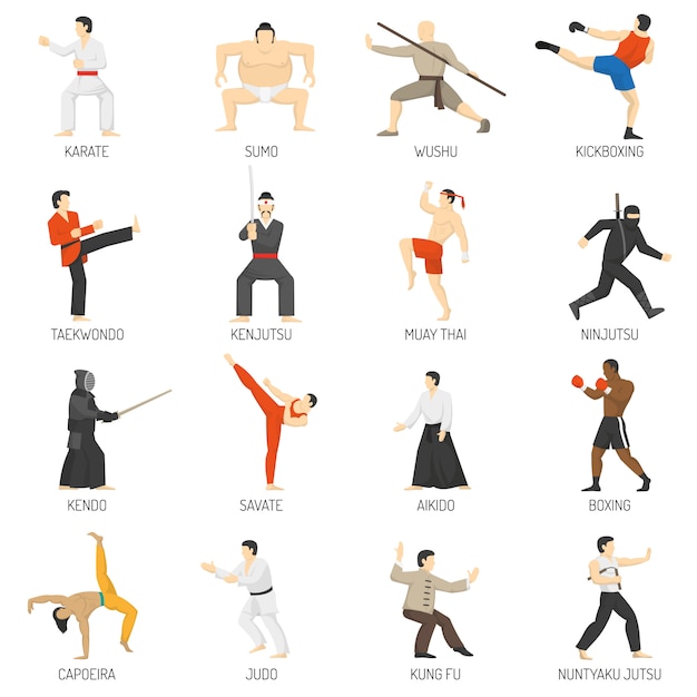 Free Vector martial arts decorative flat icons set