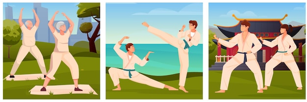 Free Vector martial arts flat illustrations with old people involved in qigong and young guys and girls training tai chi outdoors illustration