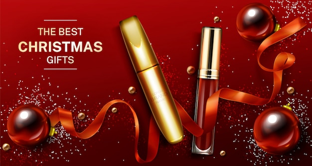 Free Vector mascara and lip gloss christmas cosmetics gifts