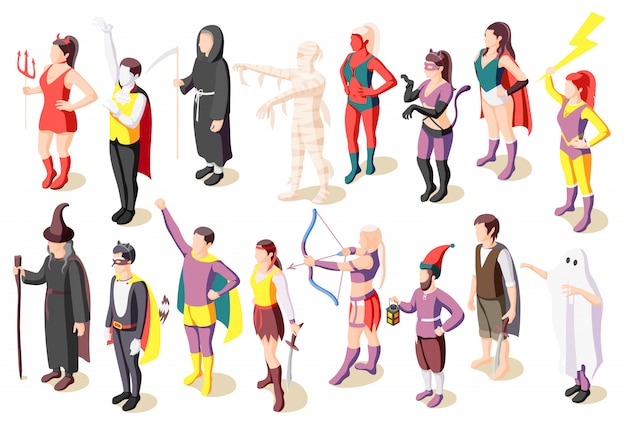 Free Vector masquerade isometric icons set with people wearing costumes of mummy sage demon ghost superhero pirate gnome isolated 