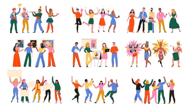 Mass event flat set of people involved in conference dance party carnival politic protest isolated vector illustration