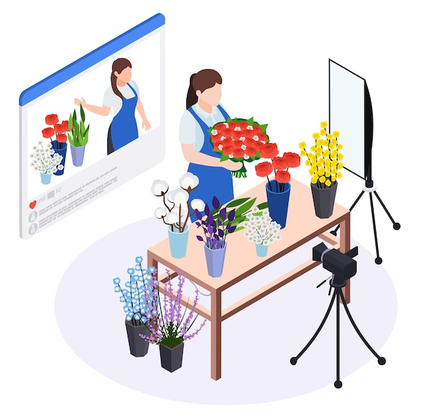 Free Vector master class workshop group learning practice isometric composition with isolated view of florist shooting video blog vector illustration