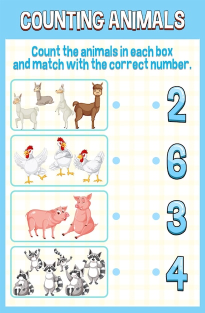 Match by count with different types of animals