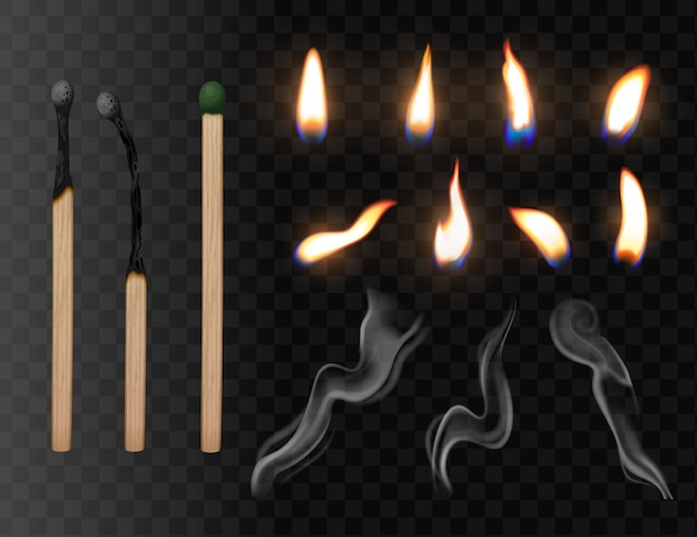 Free Vector match sticks set of realistic icons on transparent background with isolated images of deadhead and fire vector illustration