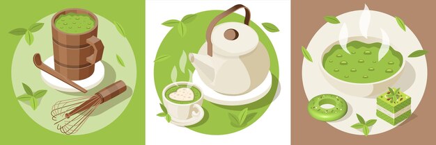 Matcha isometric set with three square compositions of served hot drinks and confectionery products with matcha vector illustration