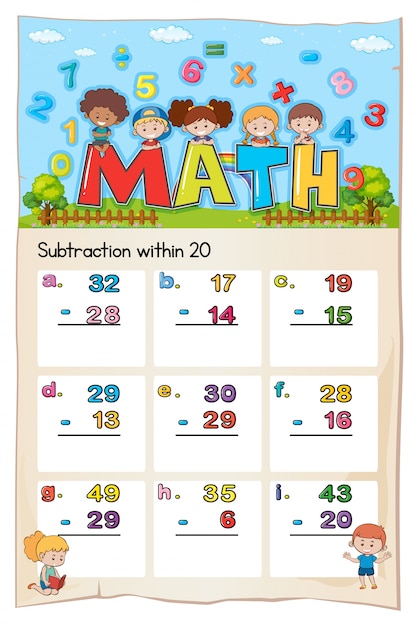 Math worksheet template for subtraction within twenty