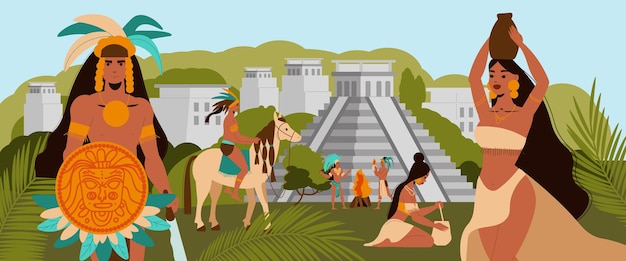 Maya civilization with mayan natives on background with ancient pyramid buildings and green trees flat illustration