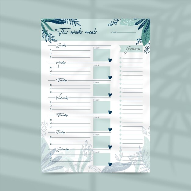 Meal planner template with leaves