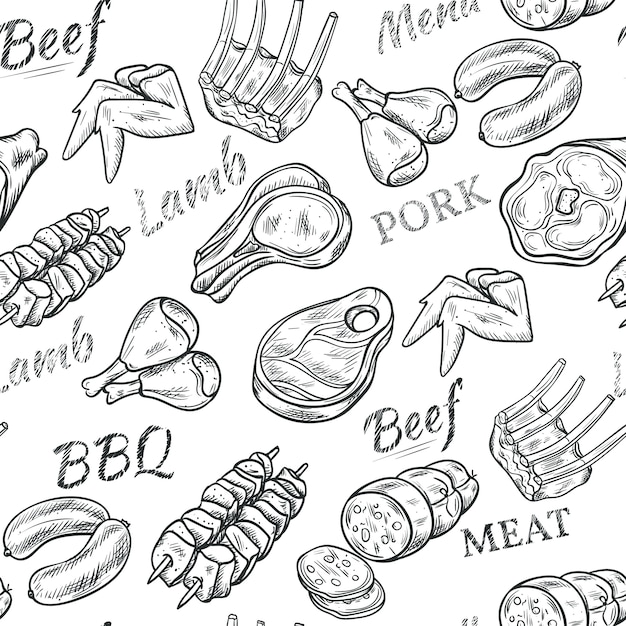 Meat black white sketch seamless pattern with beef and pork