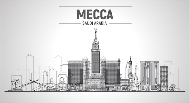 Mecca Saudi Arabia city line skyline vector at white background Flat vector illustration Business travel and tourism concept with modern buildings Image for banner or website