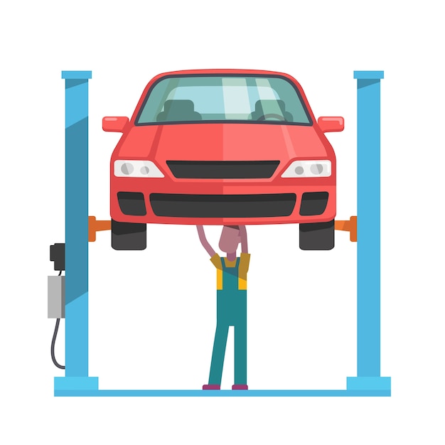 Free Vector mechanic repairing a car lifted on auto hoist