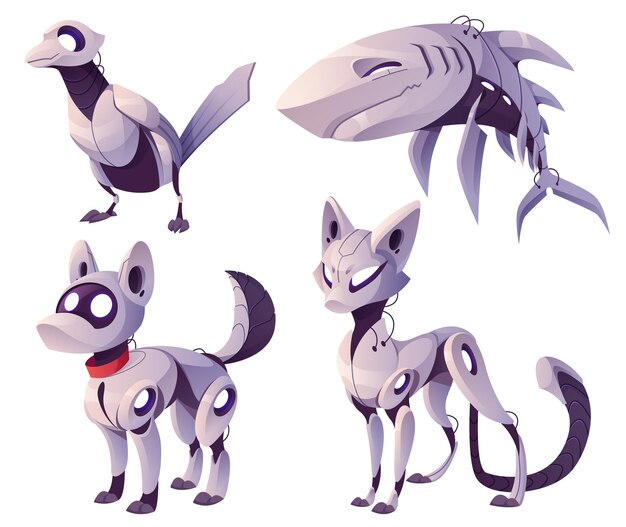 Mechanical animals, dog, cat, shark, bird robots