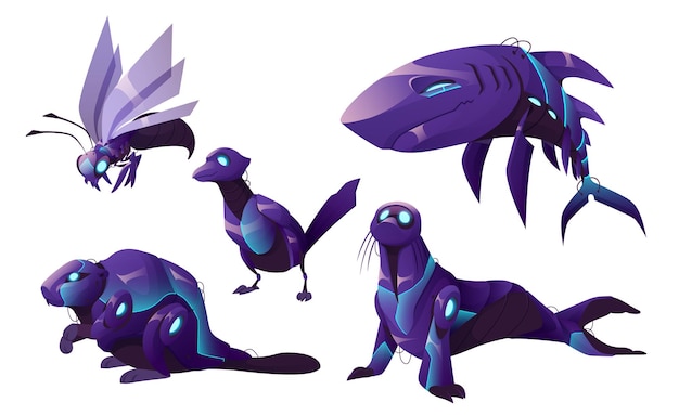 Free Vector mechanical animals shark seal wasp bird and beaver robots vector cartoon set of futuristic pets cyborgs purple mechanic insect fish sea animals isolated on white background